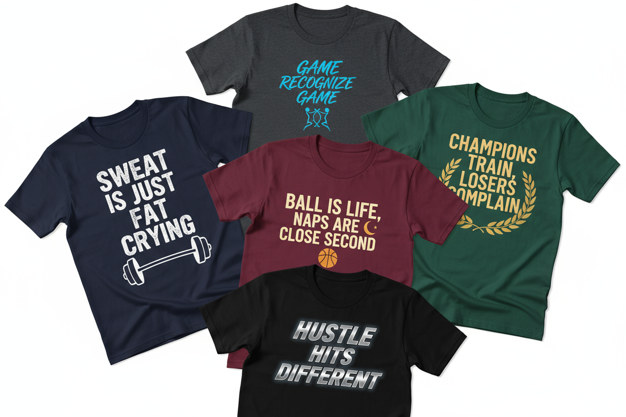 a collection of Tee Shirts that all have a different, original phrase that deals with clever sayings or sports