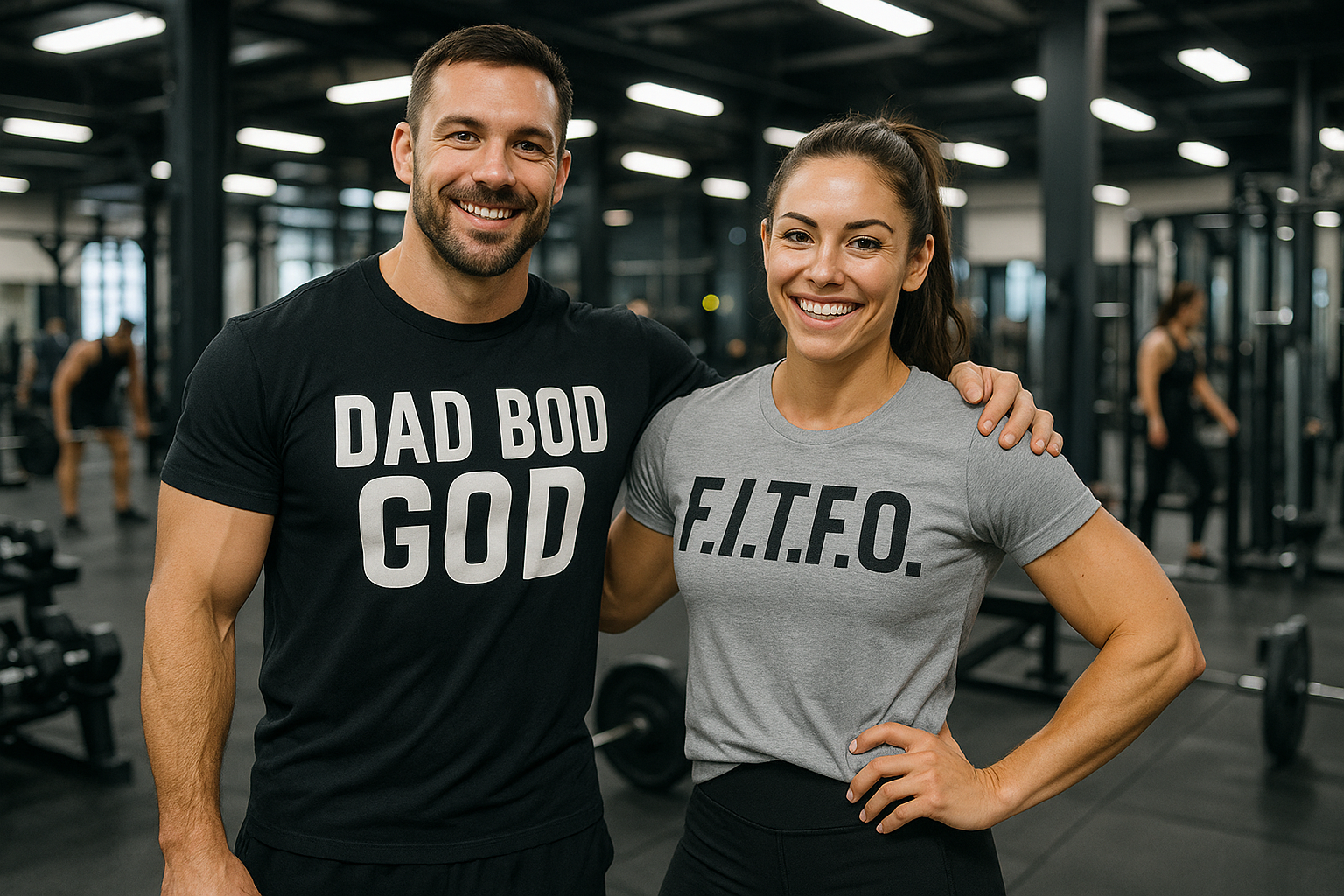An athletic male wearing a shirt that says "Dad Bod God" and an athletic female wearing a shirt that says "F.I.T.F.O.". The background is a gym where others are working out